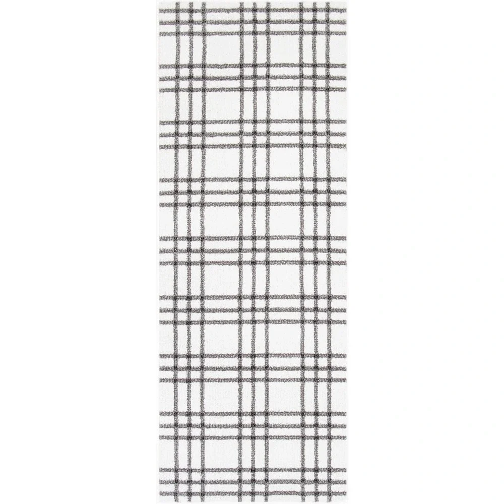 My Texas House Finley 2x5.6 White Grey Farmhouse Plaid Indoor Runner Rug